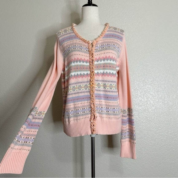 Crazy Horse Liz Claiborne Vintage Velvet Ruffle Pink Knit Cardigan, Size XL - Picture 2 of 13